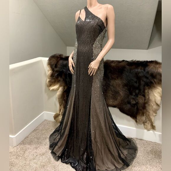 Black Sequins & Beads One Shoulder Evening Dress, Stunning Black Evening Gown - Picture 3 of 14